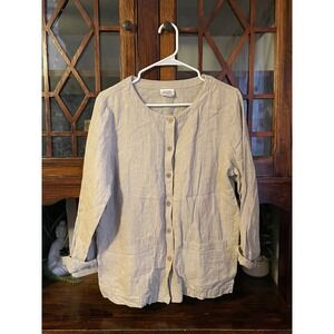 Eileen Fisher Linen Button Up Shirt Top Beige Long Sleeve Size Medium